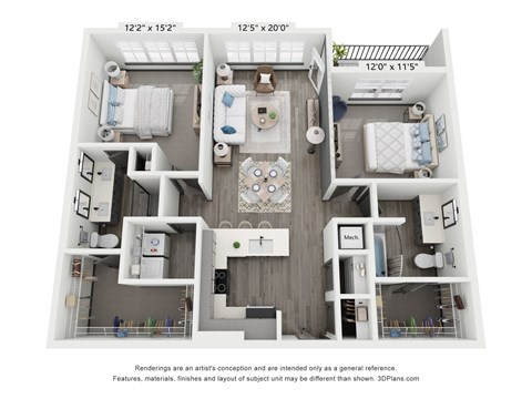 Floor plan for 2 beds, 2 baths, 1144 sqft